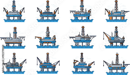 Set of offshore oil and gas drilling platforms in ocean, industrial petroleum rigs collection, flat vector illustration isolated on light background for energy industry design