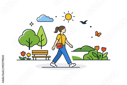 Spring park relaxation light walking moment with trees, flowers and open space, communicating balance, fresh air and positive everyday routine. Minimalist flat