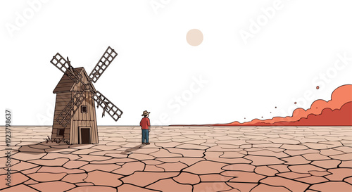 A lone figure stands beside a traditional windmill on a vast, cracked earth landscape under a hazy sky with extreme weather conditions.