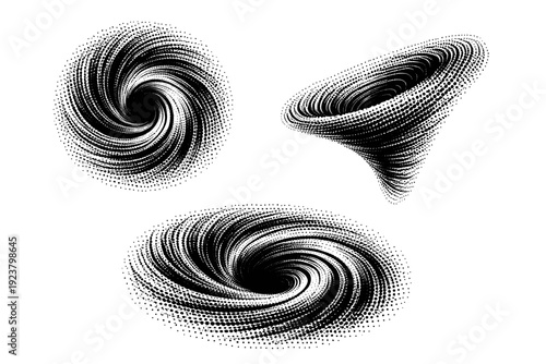 Spiral dot vortex object shown in three views including front view, side view, and angled view emphasizing circular motion and volumetric