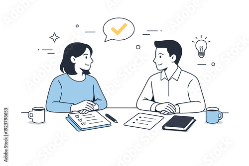 One-on-one feedback conversations. A quiet end-of-meeting moment where both participants smile slightly, conversation notes neatly organized.