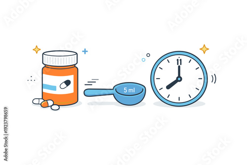 Following medication guidelines. A simple scene with a pill bottle, measuring spoon, and clock arranged neatly. The illustration conveys