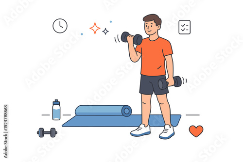 Home dumbbell workout routine. A person performing a simple exercise with free weights beside a mat and water bottle. Focus, consistency, and