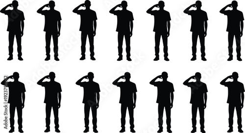 Set of Silhouetted Men Saluting in a Grid Formation Representing Military Respect, National Service, Veterans Day, Unified Teamwork, Patriotism, and Disciplined Group Performance