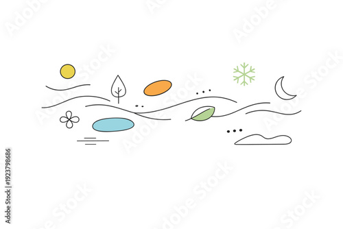 Abstract passage of time. Floating shapes and lines gently drifting across the composition, suggesting seasonal flow and