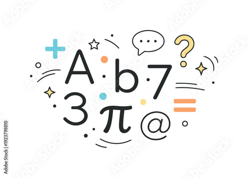Abstract composition of mathematical symbols, letters, and numbers with decorative elements