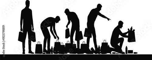 Silhouette of men carrying shopping bags and packages while standing and crouching during a busy retail sale or delivery event on white background.