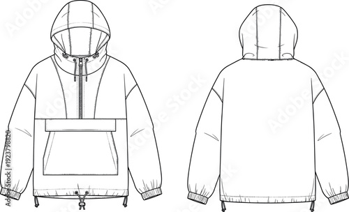 Technical fashion flat sketch of hooded anorak jacket showing front and back views with zipper, kangaroo pocket, drawstring hem for apparel design
