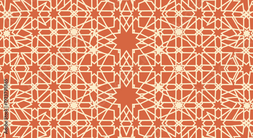 Seamless orange and beige geometric pattern featuring traditional star and polygon motifs, an abstract vector design for elegant backdrops and cultural aesthetics