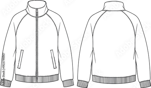 Zip up jacket technical fashion illustration showing front and back views, casual outerwear apparel template, detailed line art clothing design isolated on white background