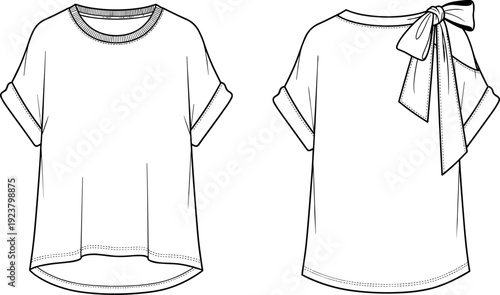 Technical fashion flat sketch of women short sleeve top showing front and back views with bow detail for apparel design and clothing illustration