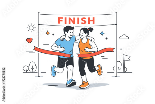 Friends supporting a community cause. Two runners crossing a simple finish line together, exchanging a happy glance. The scene conveys