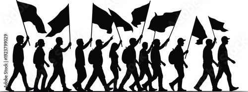 Silhouettes of a Large Crowd Marching and Holding Flags Representing a Political Protest, Social Movement, Public Demonstration, Activism, Revolution, and Community Solidarity Events