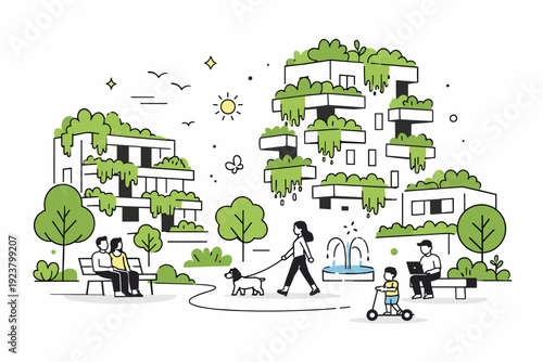 Urban green architecture. A city block features buildings covered with vertical gardens and trees integrated into public spaces. The scene