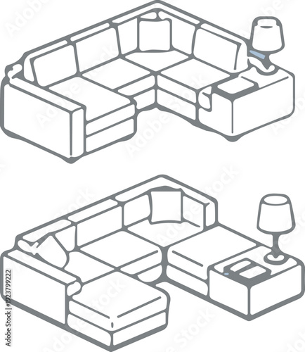Modern Isometric Sectional Sofa Set with Corner Couch and Side Table Lamp Illustration for Interior Living Room Furniture Layout Design