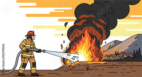 A firefighter in full gear battles a large, intense wildfire with a hose, amidst a dramatic weather scene with a burning landscape and smoke-filled sky.