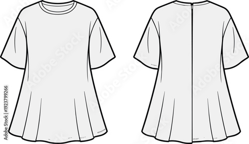 Technical Fashion Flat Sketch of a Women Short Sleeve Peplum Top with Crew Neck and Back Zipper for Apparel Design Mockup