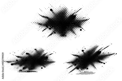 Halftone Dot Views. Irregular halftone splatter brush form object shown in three views including front view, side view, and angled view focusing on spontaneous