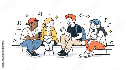 Diverse group of young friends enjoying music and conversation outdoors