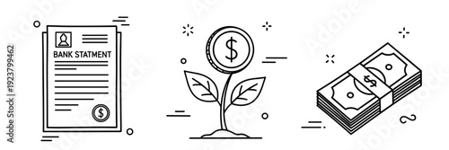 Financial growth illustration: bank statement, investment growth, and cash stack