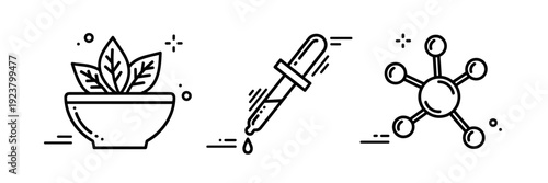 Line art: natural ingredients, dropper, and molecule icon set