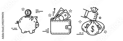 Piggy bank, wallet, and money bag icons representing savings and financial growth
