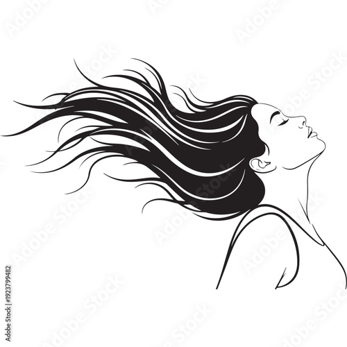 Woman with long flowing hair, head tilted back, freedom and beauty, black and white