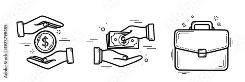 Hand-drawn business transactions: coin transfer, cash exchange, briefcase icon set