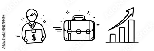 Business growth: male investor, briefcase, and upward trend graph icon illustration