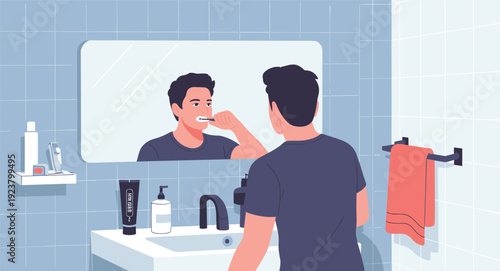 Man brushing teeth in bathroom daily oral hygiene routine dental care morning health illustration vector