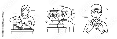Line art illustration of optician, ophthalmologist, and patient with eye examination equipment