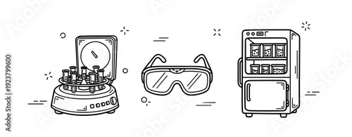 Illustration of lab equipment: centrifuge, safety goggles, lab refrigerator