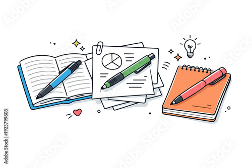 Pens placed mid-use. Several pens lying casually on notebooks or documents, not aligned. Natural disorder, ongoing work, calm creative