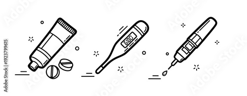 Medical supplies: pills, cream, thermometer, injection pen in line art design