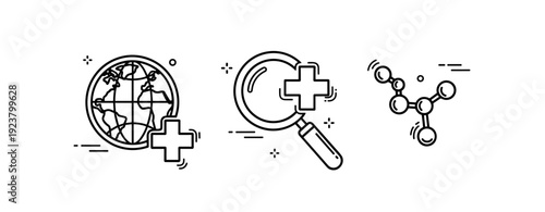 Global health research concept with magnifying glass and molecular structure icons