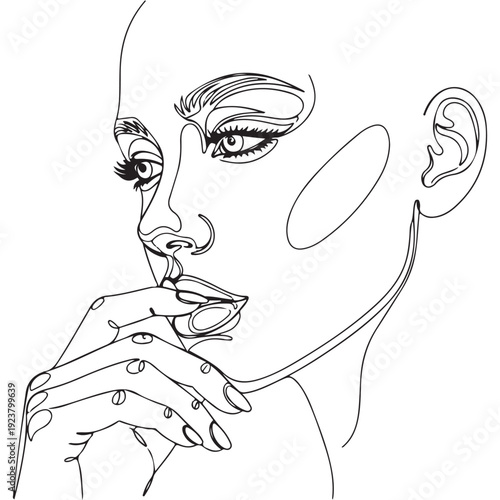 Thoughtful woman's face, continuous line drawing, pensive expression