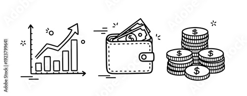 Financial growth concept: chart, wallet with cash, and stacked coins illustration