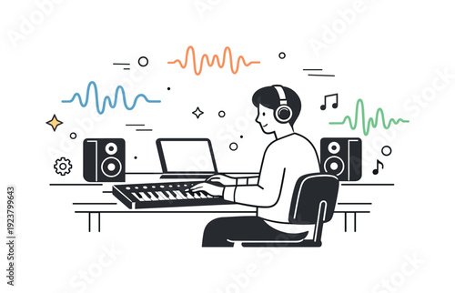 Young man creating music with keyboard and laptop in a home studio setup