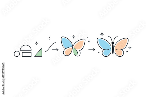 Transformation concept. An abstract butterfly shape emerging from simple shapes and lines, symbolizing growth and change in a gentle, modern