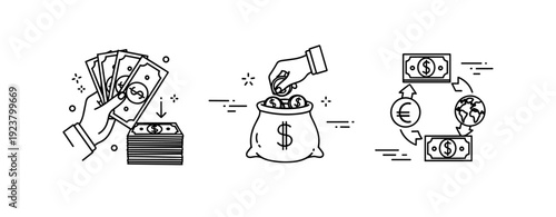 Financial concepts: currency exchange, savings, and cash transactions illustration