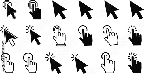 A collection of 16 computer mouse cursor icons in various states and actions