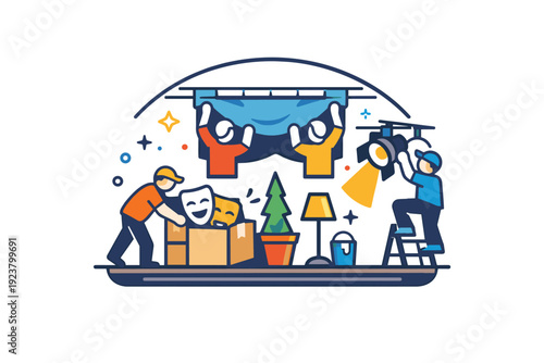 A theater set being built with props, backdrops, and lighting highlighting teamwork and stagecraft during production setup. A visual badge