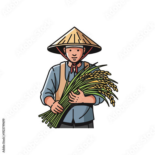 Asian farmer holding rice stalks