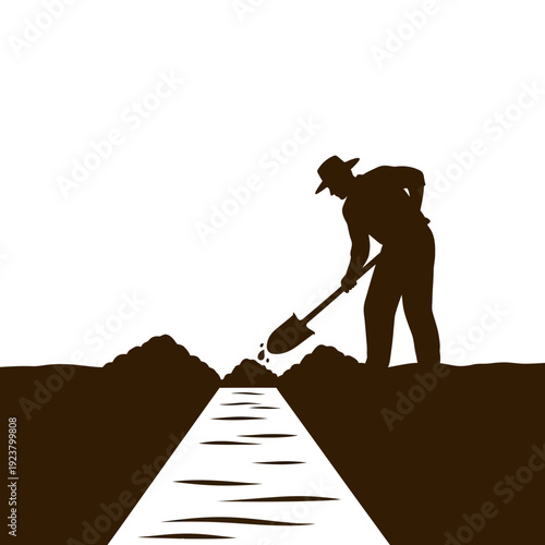 Farmer digging canal silhouette, creating water channel for irrigation
