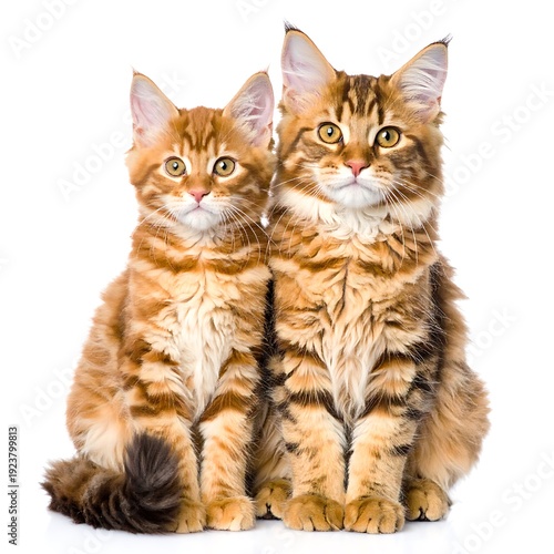Two adorable tabby kittens sit side-by-side against a white backdrop, displaying their fluffy fur and curious expressions
