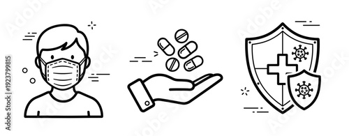 Masked person, pills in hand, shield with cross - health and safety icon set