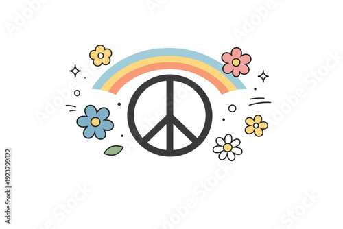 Peace sign with flowers and rainbow. An abstract editorial composition with a central peace symbol, scattered flowers, and a smooth rainbow