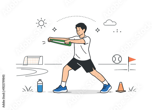 Young man exercising with resistance band on sports field with soccer goal and baseball