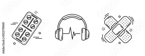 Health symbols: pills, headphones with heartbeat, and bandages in minimalist style