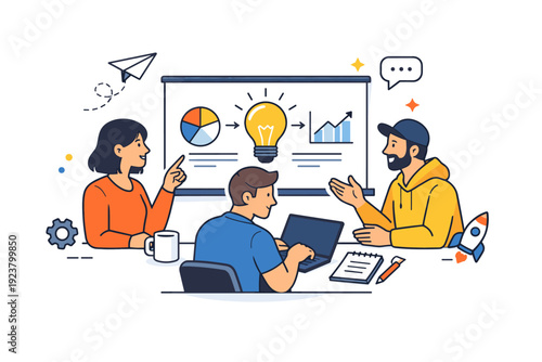 Startup team meeting founders brainstorming around a shared screen with light decorative accents, expressing creativity, alignment and fast paced startup